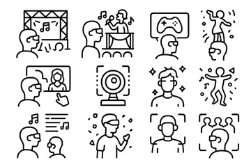 AR Entertainment Icons. Line style icons of entertainment in AR: AR music stage, live concert overlay, gaming stream icon,