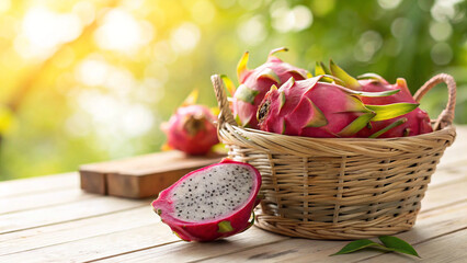 Dragon fruit in basket and slice on white surface in natural warm sunlight background