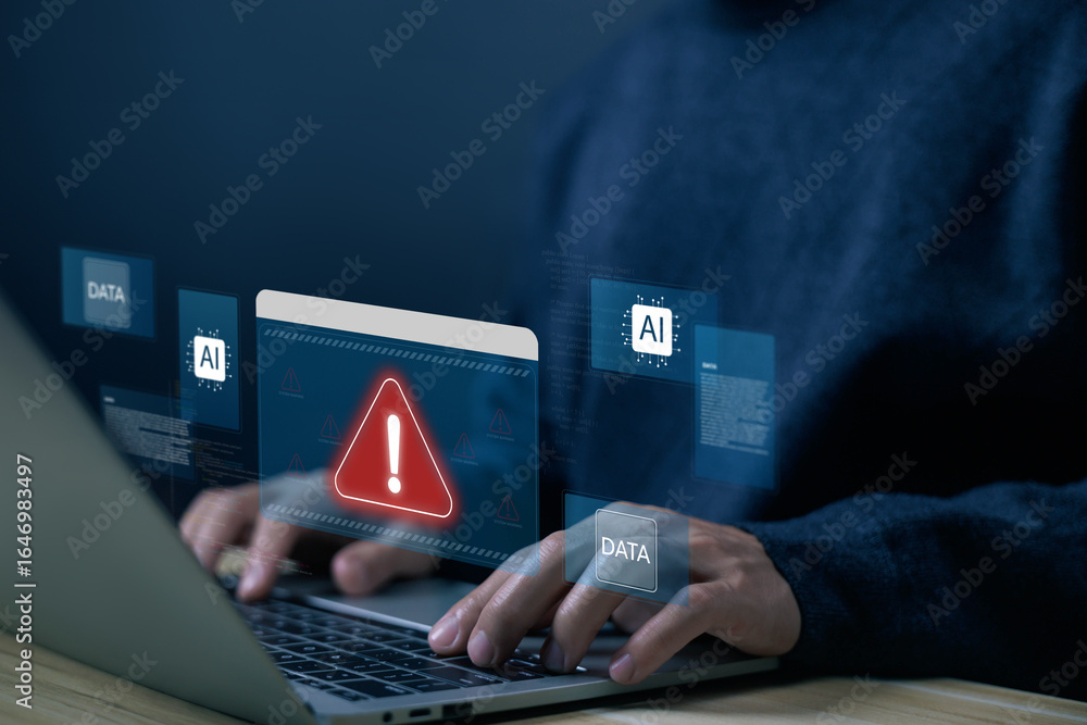 Poster businessman using laptop with cybersecurity alert warning on screen, protecting ai data, preventing 