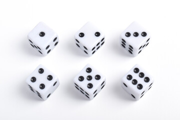 Six clean dices with Numbers 1, 2, 3, 4, 5, 6, isolated on white background, top view