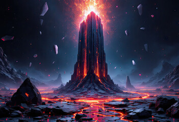 Striking Dark Tower Glowing Orange in Dramatic Fantasy Landscape