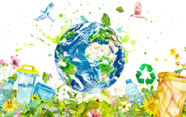 Earth Themed Artwork Encouraging Responsible Waste and Recycling Isolated on Transparent Background