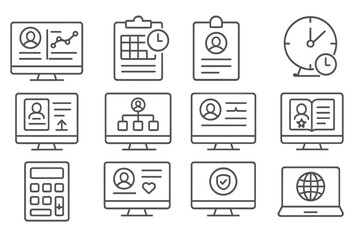 HR Tools Icons. Line style icons of HR software and tools: HR dashboard icon, timesheet tracker, leave request form, attendance