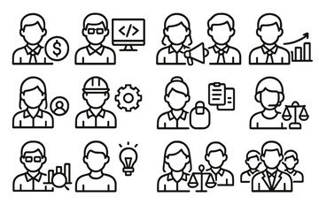 Workplace Role Icons. Line style icons of job roles and functions: finance team icon, IT department, marketing staff, sales