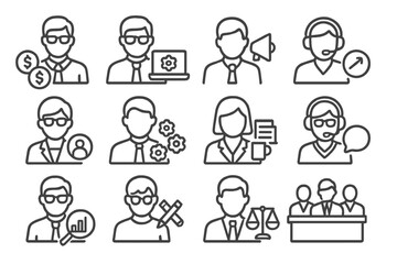 Workplace Role Icons. Line style icons of job roles and functions: finance team icon, IT department, marketing staff, sales