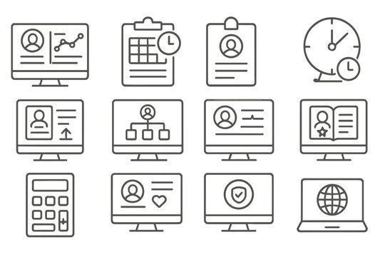 HR Tools Icons. Line style icons of HR software and tools: HR dashboard icon, timesheet tracker, leave request form, attendance