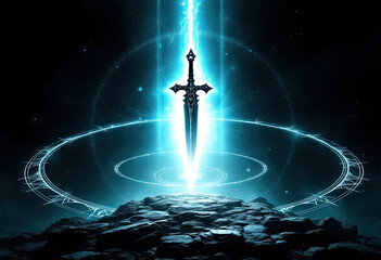 Glowing Sword on Rocky Hill with Light Beams and Mystical Circles on Dark Sky