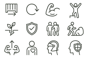 Resilience Icons Collection. Line style icons of resilience building: obstacle icon, bounce back arrow, inner strength icon,