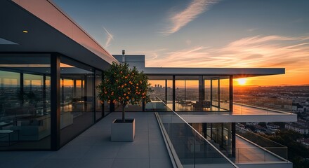 Modern penthouse terrace with orange tree overlooking city skyline at sunset with glass railings