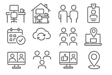 Hybrid Work Icons. Line style icons of hybrid work model: office desk icon, home desk icon, team in split view, remote badge,