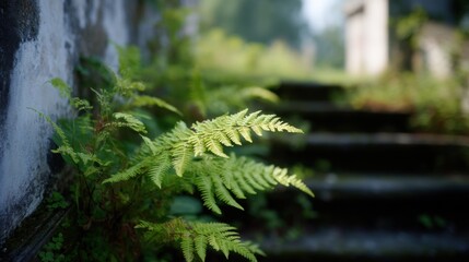 Close-up of a fern plant growing on the side of a stone wall. the fern is in focus, while the background is blurred, but it appears to be an outdoor setting with trees and greenery.