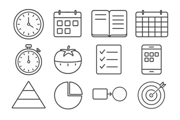 Time Management Icons. Line style icons of time management essentials: wall clock icon, calendar block, daily planner, weekly view