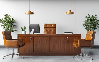 Luxurious Executive Office with Leather Furniture Modern Design and Greenery