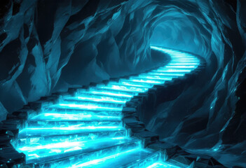 Glowing Turquoise Stairway Leading Upward Through Dark Cave Passage