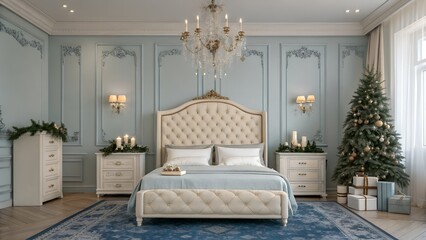 Fototapeta premium Elegant European Bedroom with Pale Blue Walls and Festive Garland