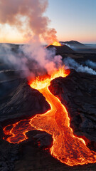 Majestic lava flow illuminates the volcanic landscape at dusk with steam rising