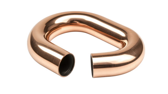 Curved copper pipe fitting ideal for plumbing with a polished finish for efficient flow