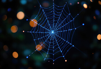 Glowing Blue Spiderweb on Dark Bokeh Background Creates Eerie Effect