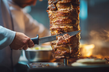 Kebab z rusztu krojony w detalu – aromatyczne mięso gotowe do podania