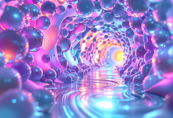 Abstract Spheres in Swirling Purple and Blue Light Tunnel