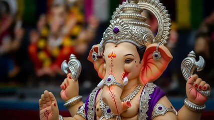 Decorated Ganesha Idol with Silver Crown and Purple Cloth in Soft Focus Background for Hindu Religious Festival Celebration