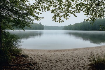 Peaceful lake with sandy beach edges, surrounded by sparse greenery and gentle hills 