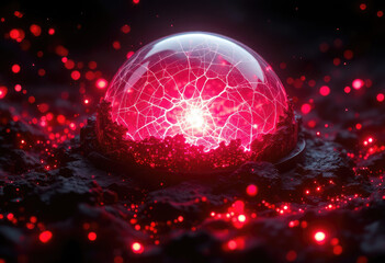 Glowing Red Sphere with Cracks Sitting on Dark Textured Ground