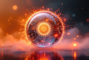 Glowing Sphere with Orange Network and Light Beams Futuristic Background