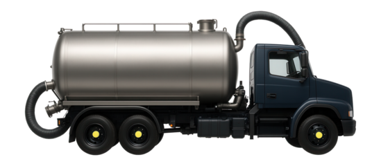Vacuum tanker truck with cylindrical stainless steel tank and rear suction hose