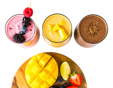 Mixed Berry, Tropical, and Chocolate Milkshakes in Modern Glassware, Artistic Overhead Layout, isolated transparent background png