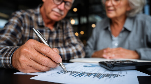 Elderly couple analyzing financial documents with pen and calculator, focused on budget planning and investment decisions