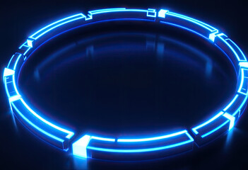 Abstract Glowing Blue Ring with Geometric Shapes on Dark Reflective Surface