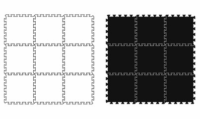 Vector set icon of interlocking puzzle foam mat tiles in silhouette black, and outline styles.