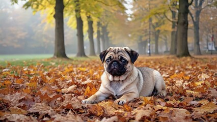 Pug puppy in autumn park