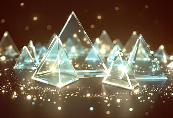 Abstract Clear Pyramids with Golden Glitter on Dark Surface