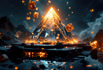 Glowing Pyramid with Floating Cubes on Dark Plateau Artistic Fantasy