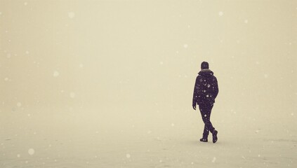 Silhouette of Man Walking Alone in Falling Snow