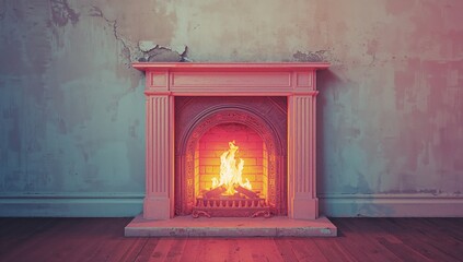 Vintage Fireplace with Burning Flame in Blue Room, Abstract Concept