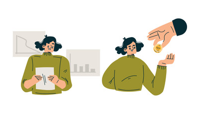 A businesswoman analyzes data while receiving payment or financial compensation