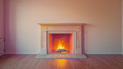 Vintage Fireplace with Burning Flame in Beige Room, Abstract Concept