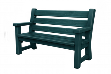 Weathered wooden bench coated in deep teal, offering rustic outdoor elegance against clean transparent background