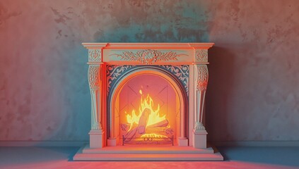 Vintage Fireplace with Burning Flame in Faded Room, Abstract Concept