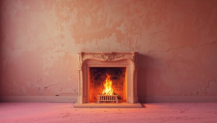 Vintage Fireplace with Burning Flame in Pink Room, Abstract Concept