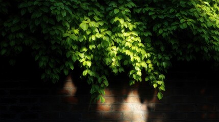 Close-up of a brick wall covered in green leaves. the leaves are densely packed together, creating a canopy-like effect.