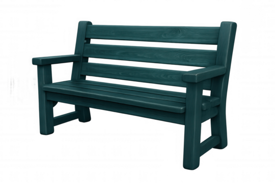 Weathered wooden bench coated in deep teal, offering rustic outdoor elegance against clean transparent background