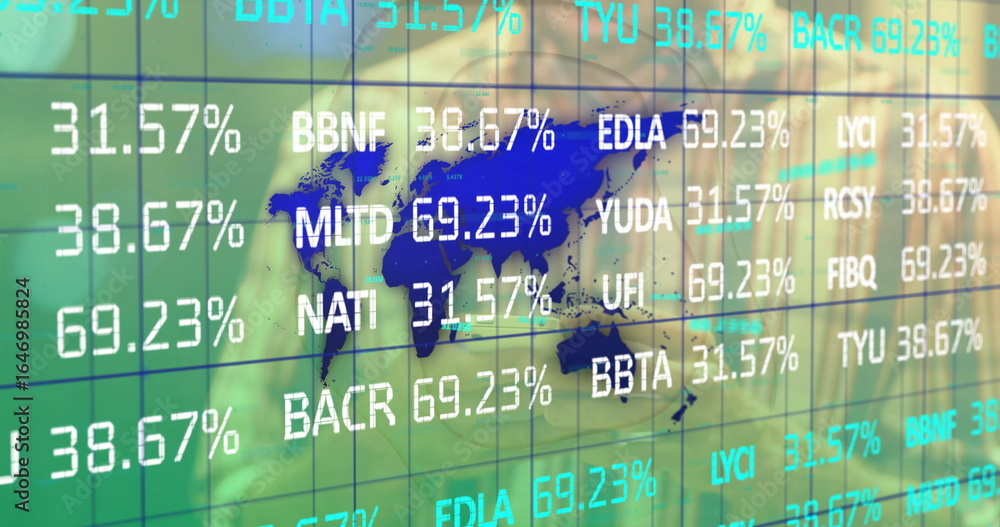 Poster lab scientist wearing goggles and mask monitoring world map in control room, with code percentages