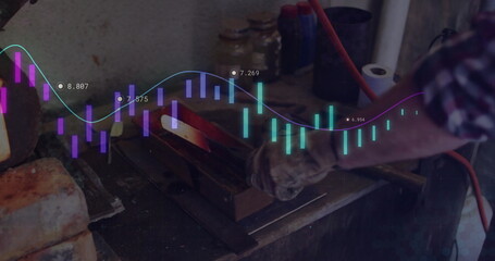 Metalworker wearing checkered shirt and glove heating hot bar in workshop vise, with data overlay