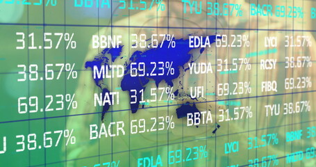 Lab scientist wearing goggles and mask monitoring world map in control room, with code percentages