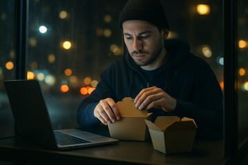 Man Working Late at Night in Glass Booth Opening Takeout Boxes Beside Laptop with City Lights in Background