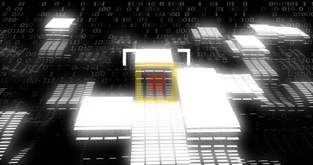 Floating digital platforms forming data network streaming binary digits, with central red-core cube